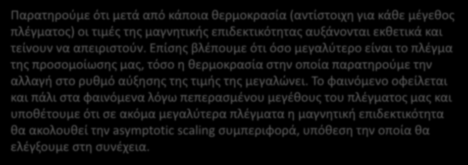 Μαγνητική επιδεκτικότητα Παρατηρούμε ότι μετά από κάποια θερμοκρασία (αντίστοιχη για κάθε μέγεθος πλέγματος) οι τιμές της μαγνητικής επιδεκτικότητας αυξάνονται εκθετικά και τείνουν να απειριστούν.