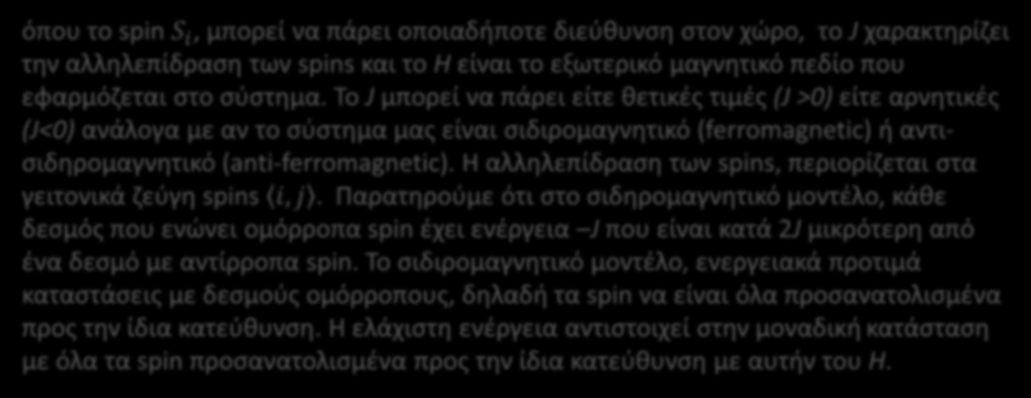 Hamiltonian του μοντέλου Heisenberg Η Heisenberg = J S i S j H z S i z i,j i S i x 2 + S i y 2 + Si z 2 = 1 όπου το spin S i, μπορεί να πάρει οποιαδήποτε διεύθυνση στον χώρο, το J χαρακτηρίζει την