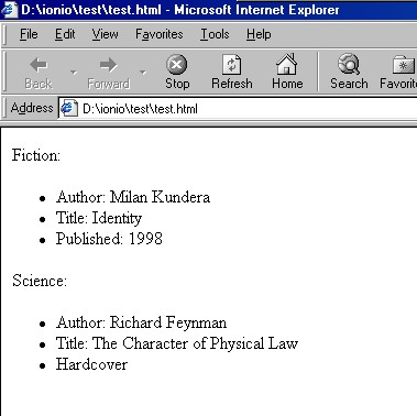 Παράδειγμα HTML: Λίστα Βιβλίων <HTML> <BODY> Fiction: <UL><LI>Author: Milan Kundera </LI> <LI>Title: Identity </LI> <LI>Published: 1998 </LI>