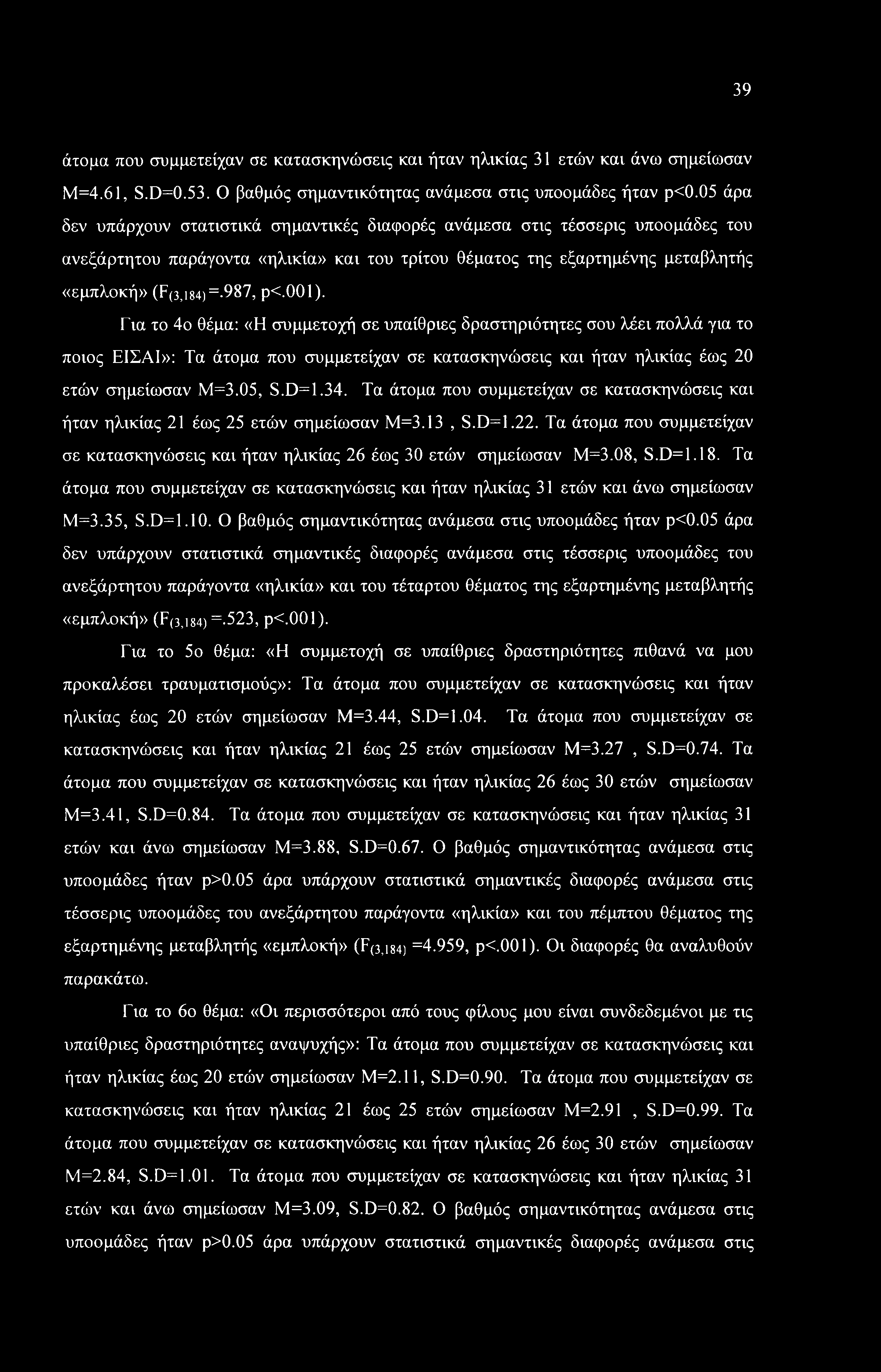 Τα άτομα που συμμετείχαν σε κατασκηνώσεις και ήταν ηλικίας 31 ετών και άνω σημείωσαν Μ=3.35, S.D=1.10. Ο βαθμός σημαντικότητας ανάμεσα στις υποομάδες ήταν ρ<0.