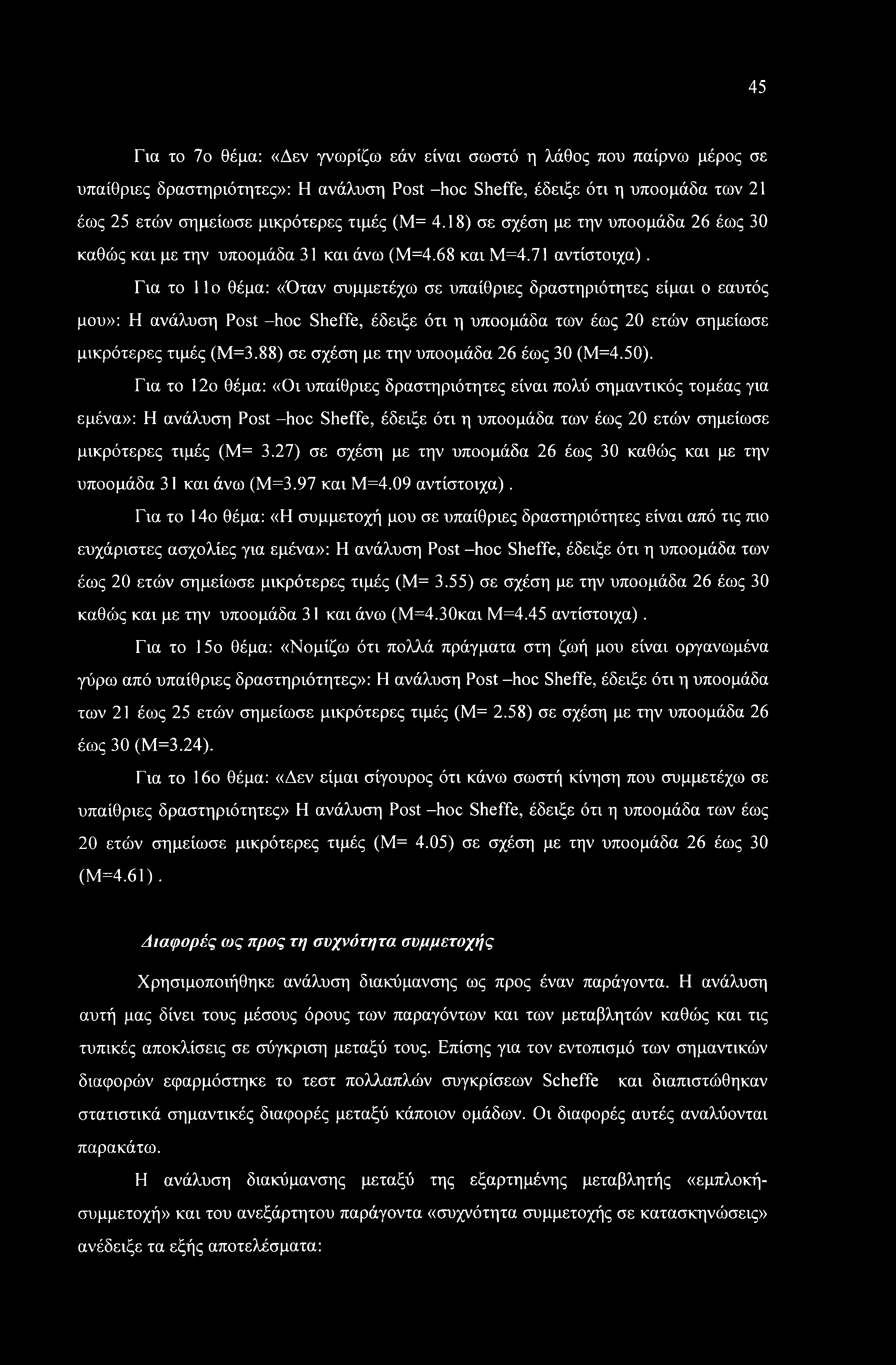 Για το 11ο θέμα: «Όταν συμμετέχω σε υπαίθριες δραστηριότητες είμαι ο εαυτός μου»: Η ανάλυση Post -hoc Sheffe, έδειξε ότι η υποομάδα των έως 20 ετών σημείωσε μικρότερες τιμές (Μ=3.