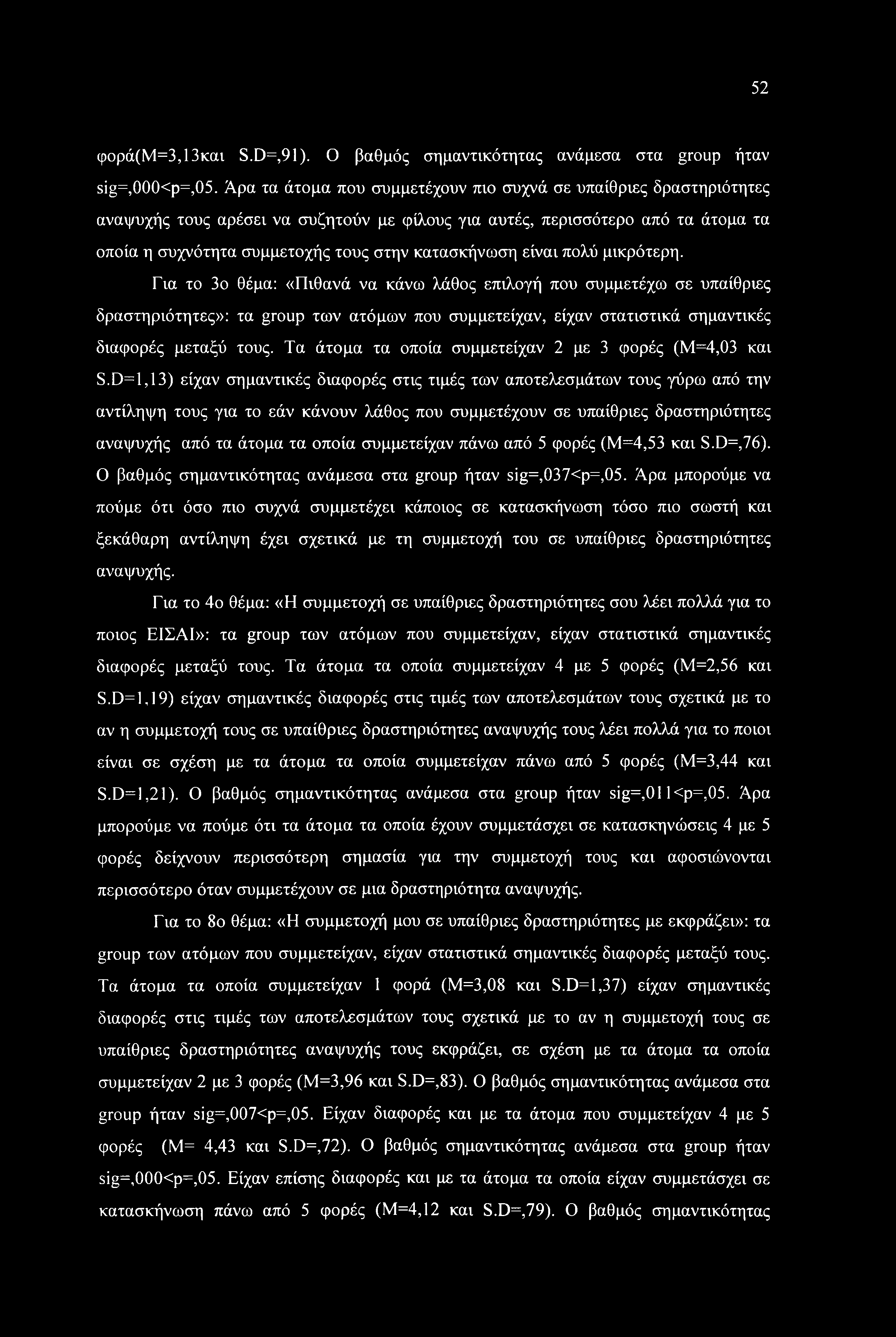 είναι πολύ μικρότερη. Για το 3ο θέμα: «Πιθανά να κάνω λάθος επιλογή που συμμετέχω σε υπαίθριες δραστηριότητες»: τα group των ατόμων που συμμετείχαν, είχαν στατιστικά σημαντικές διαφορές μεταξύ τους.