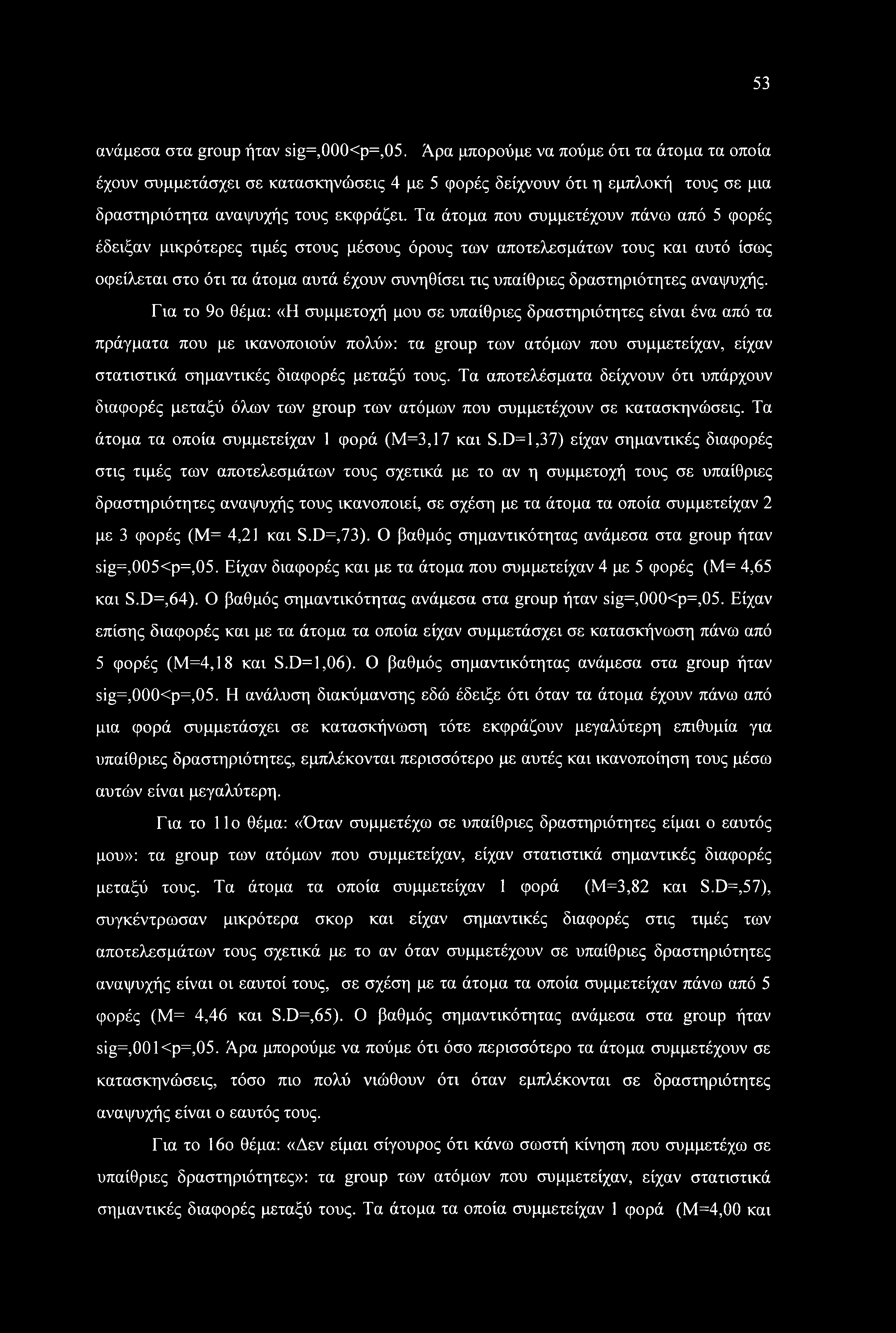 Τα άτομα που συμμετέχουν πάνω από 5 φορές έδειξαν μικρότερες τιμές στους μέσους όρους των αποτελεσμάτων τους και αυτό ίσως οφείλεται στο ότι τα άτομα αυτά έχουν συνηθίσει τις υπαίθριες δραστηριότητες