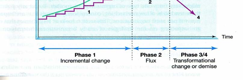 Στην συνέχεια μπορεί να υπάρξει μια μεταμόρφωση, κατά την οποία υπάρχει θεμελιώδης αλλαγή στην στρατηγική κατεύθυνση μιας επιχείρησης είτε προς το καλύτερο (Φάση 3) είτε προς το χειρότερο (Φάση 4).