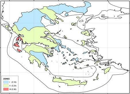 περιοχή του τεχνικού εντάσσεται όσον αφορά τη ζώνη σεισμικής επικινδυνότητας στην κατηγορία ΙI (Εικ. 6) με μέγιστη σεισμική επιτάχυνση Α=0.24g (g: επιτάχυνση βαρύτητας). Εικόνα 6.