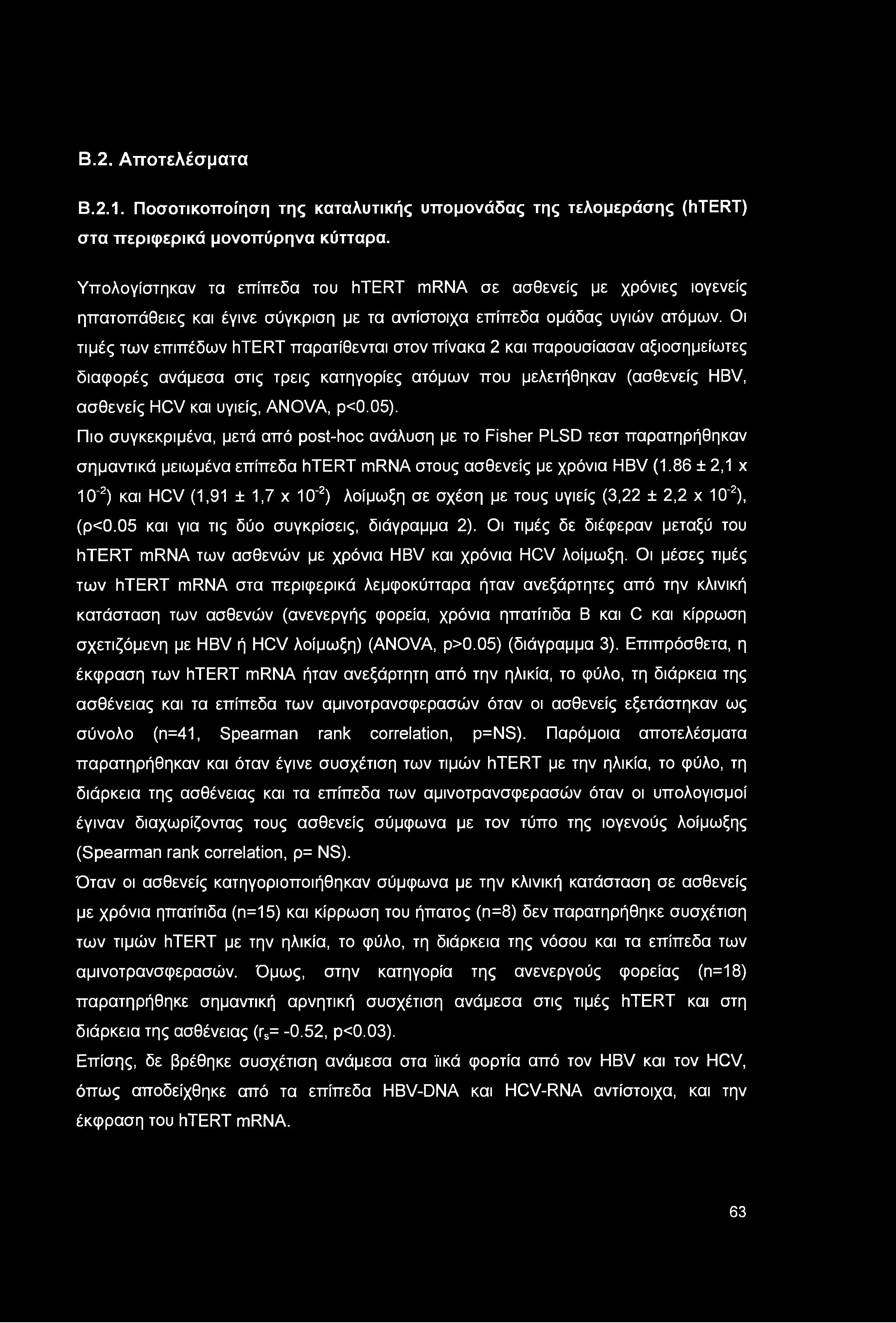 Οι τιμές των επιπέδων htert παρατίθενται στον πίνακα 2 και παρουσίασαν αξιοσημείωτες διαφορές ανάμεσα στις τρεις κατηγορίες ατόμων που μελετήθηκαν (ασθενείς HBV, ασθενείς HCV και υγιείς, ANOVA, ρ<0.