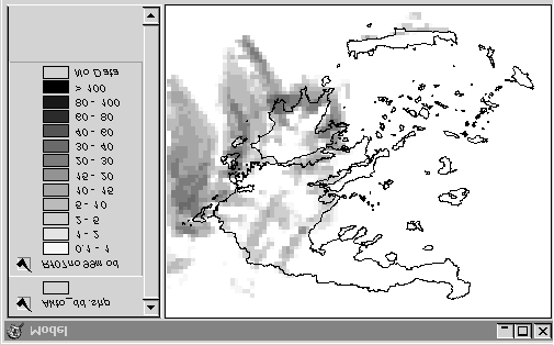 Top: The spatial distribution of the precipitation derived by satellite data (left) and model prediction (right) for the 6hour period 6:00-12:00 UTC on 7/11/99.