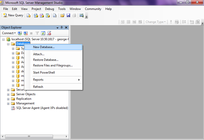 Έτσι Επιλέγουμε την καρτέλα Object Explorer δεξί κλικ στο πεδίο Databases επιλέγουμε New