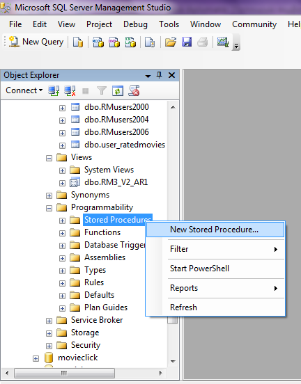 Εικόνα 125: Δημιουργία Stored Procedure Οι εντολές για τη δημιουργία ενός Stored Procedure για τη βάση MovieClick είναι: USE [movieclick] GO SET ANSI_NULLS ON GO SET QUOTED_IDENTIFIER ON GO ALTER