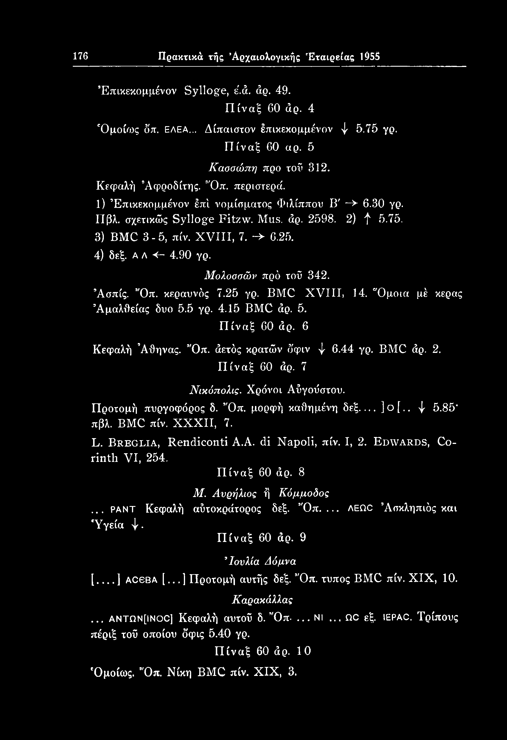 I, 2. Edwards, Corinth VI, 254. Πίναξ 60 άρ. 8 Μ. Ανρήλιος ή Κόμμοδος... PANT Κεφαλή αΰτοκράτορος δεξ. Όπ.... ΛΕΩΟ Ασκληπιός και Υγεία ψ Πίναξ 60 άρ. 9 Ιουλία Δόμνα [ ] acsba [.