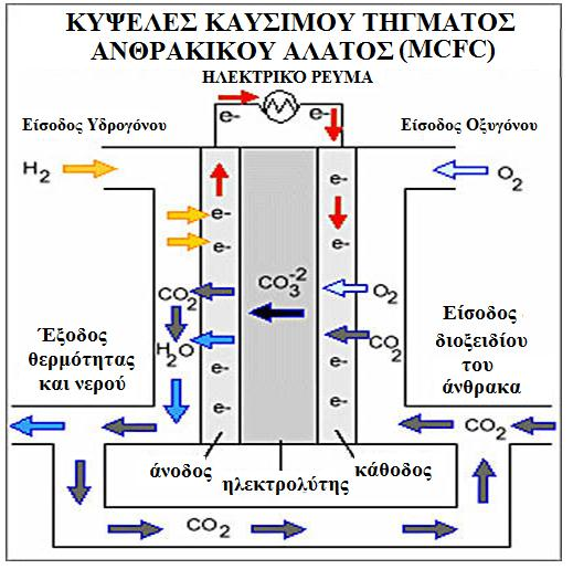 Σχήμα-3.15.1.1. Αρχή λειτουργίας κυψέλης καυσίμου τύπου MCFC. Πηγή: http://alternativefuels.about.com/od/researchdevelopment/ig/fuel-cell-diagrams/molten-carbonate-fuel- Cell.