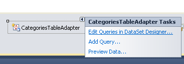 Σύρετε σε µια φόρµα (Form1) ένα πίνακα π.χ. Categories και παρατηρήστε στο κώδικα της φόρµας (Form1.vb) την ρουτίνα Load ο adapter γεµίζει τον πίνακα Categories. Me.CategoriesTableAdapter.Fill(Me.