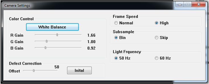 Σχήμα 31: Λογισμικό ΟPTIKA VISION LITE 2.1.: Παράθυρο ρυθμίσεων κάμερας. Κάποιες από τις ιδιότητες που μπορούν να οριστούν είναι οι παρακάτω: Ταχύτητα λήψης καρέ. Υποδείγματα. Συχνότητα φωτός.