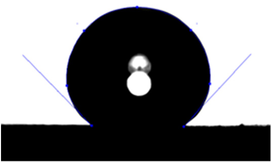 Πείραμα: Απιονισμένο νερό σε επιφάνεια υπερυδρόφοβου χαλκού. Στο Σχ. 42 απεικονίζεται η σταγόνα του απιονισμένου νερού καθώς επικάθεται στην υπερυδρόφοβη επιφάνεια του χαλκού.
