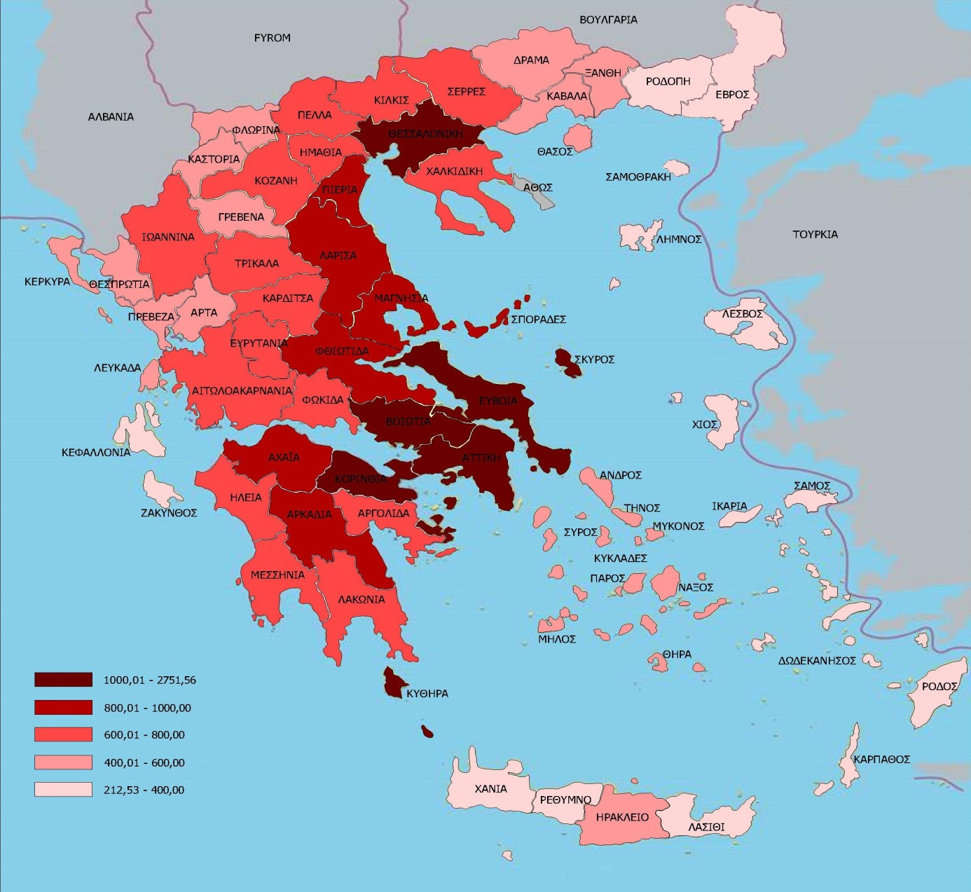 Συνολικό ληθυσµιακό δυναµικό νοµών ΑπότοΧάρτη παρατηρούµε ότι οι Νοµοί που εµφανίζουν υψηλές τιµές