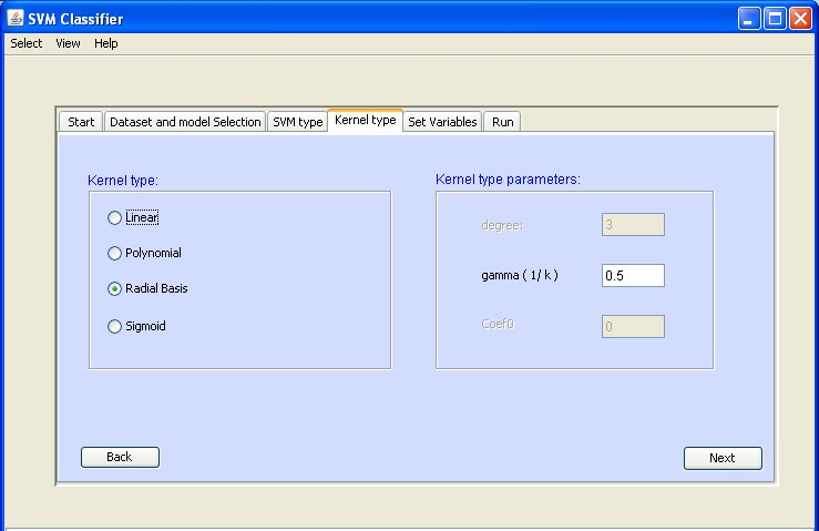 Σχήμα (10) Ο χρήστης έχει την επιλογή μέσω ενός παραθύρου, να διαλέξει τον τύπο του Kernel που θέλει να χρησιμοποιήσει. 6.1.6 SVM Types Ο χρήστης έχει την επιλογή μέσω ενός παραθύρου, να διαλέξει τον τύπο του SVM που θέλει να χρησιμοποιήσει.