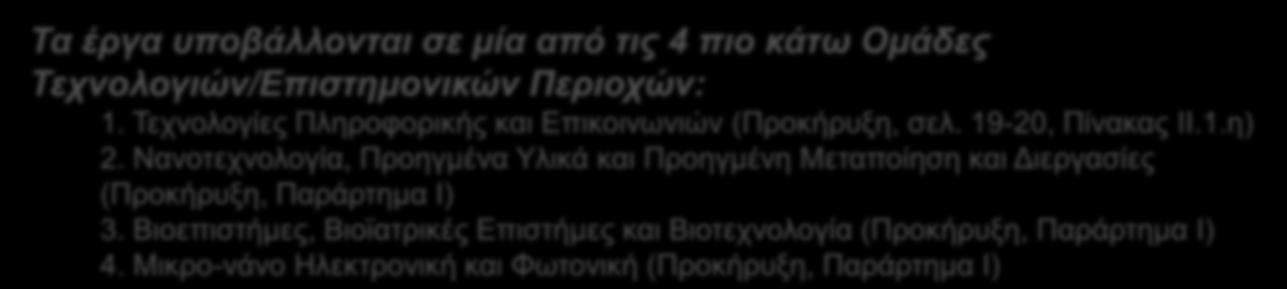 Τα έργα υποβάλλονται σε μία από τις 4 πιο κάτω Ομάδες Τεχνολογιών/Επιστημονικών Περιοχών: 1. Τεχνολογίες Πληροφορικής και Επικοινωνιών (Προκήρυξη, σελ. 19-20, Πίνακας ΙΙ.1.η) 2.