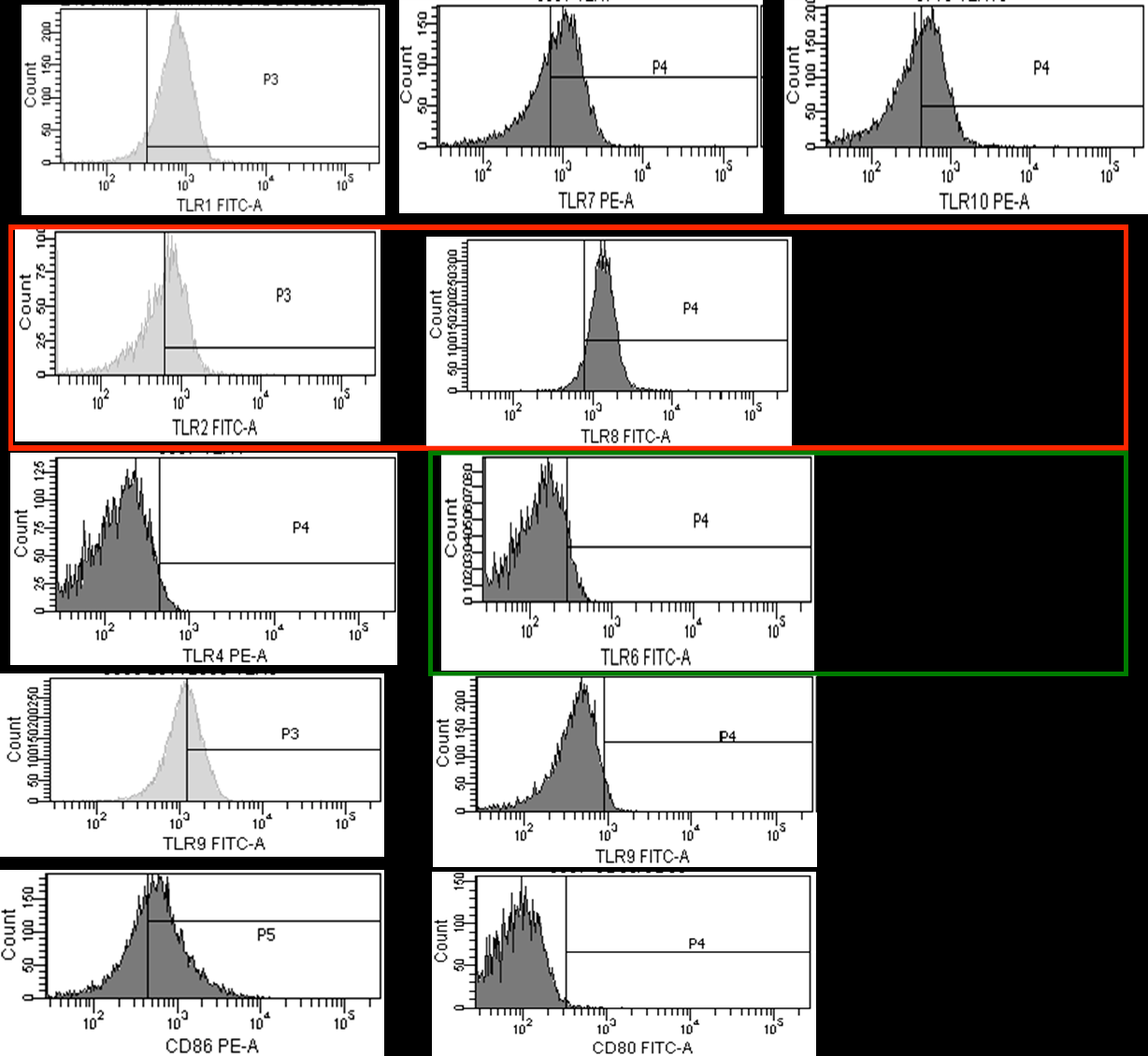 Εικόνα 26: Πρότυπο πρωτεϊνικής έκφρασης των TLR και των μορίων CD80 και CD86: ανάλυση με κυτταρομετρία ροής.