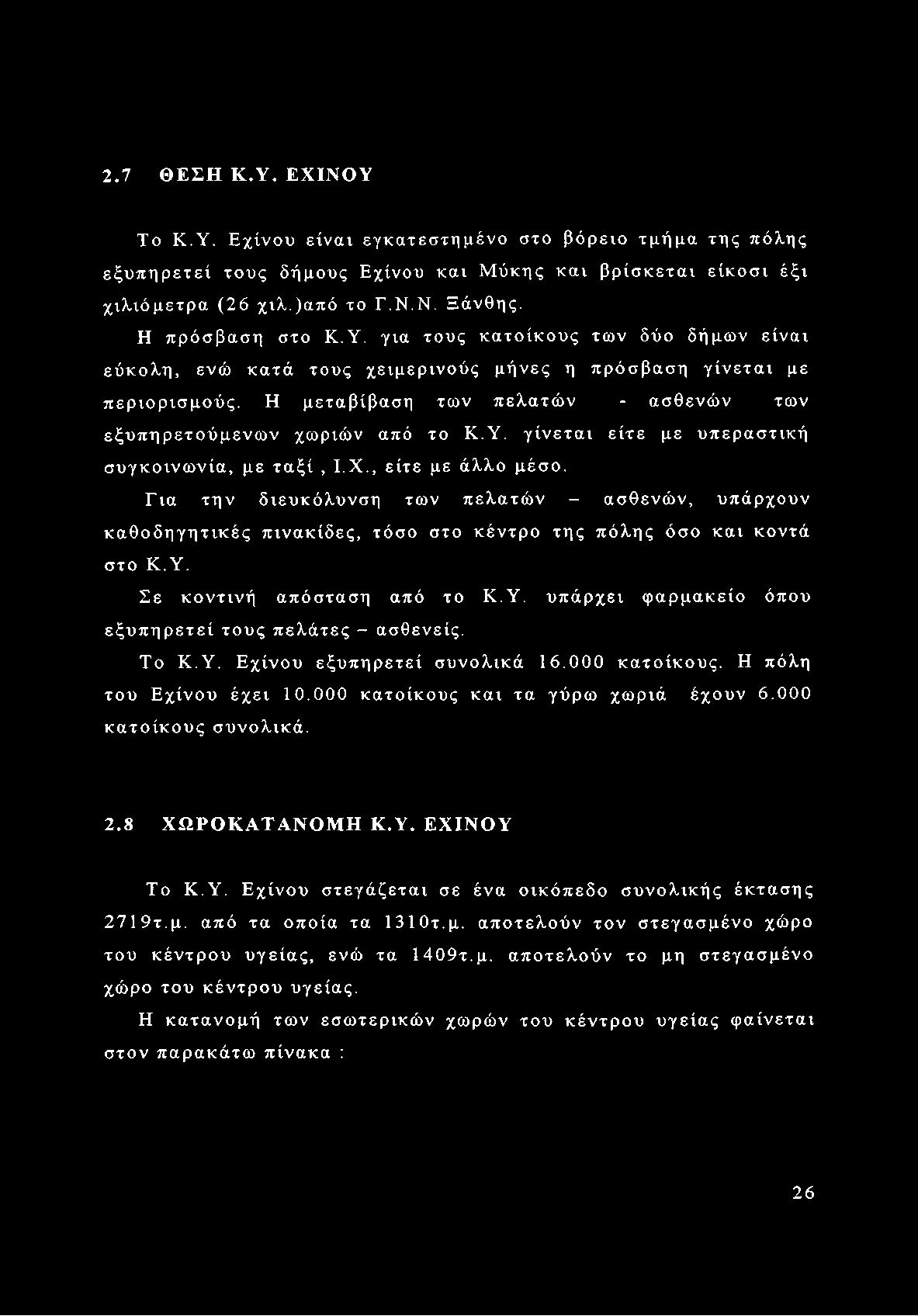 2.7 ΘΕΣΗ Κ.Υ. ΕΧΙΝΟΥ Το Κ.Υ. Εχίνου είναι εγκατεστημένο στο βόρειο τμήμα της πόλης εξυπηρετεί τους δήμους Εχίνου και Μύκης και βρίσκεται είκοσι έξι χιλιόμετρα (26 χιλ.)από το Γ.Ν.Ν. Ξάνθης.