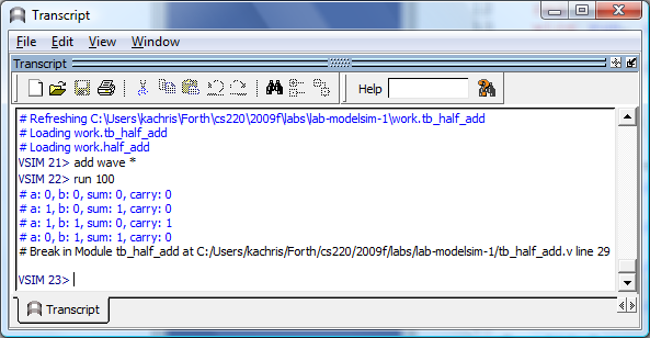 Παράδειγμα testbench Testbench module half_adder_testbench; reg a, b; wire sum, cout; half_adder half_adder_instance (a, b, sum, cout); initial begin a = 0; b = 0; #5 $display( a: %x, b: %x, sum: %x,