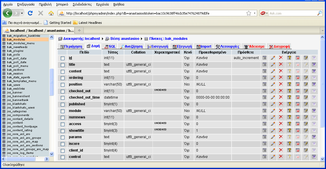 PRIMARY KEY (id), KEY published (published,access), KEY newsfeeds (module,published) ) ENGINE=MyISAM DEFAULT CHARSET=utf8; Η παρακάτω εικόνα δείχνει τα πεδία του πίνακα modules έτσι όπως φαίνεται στο