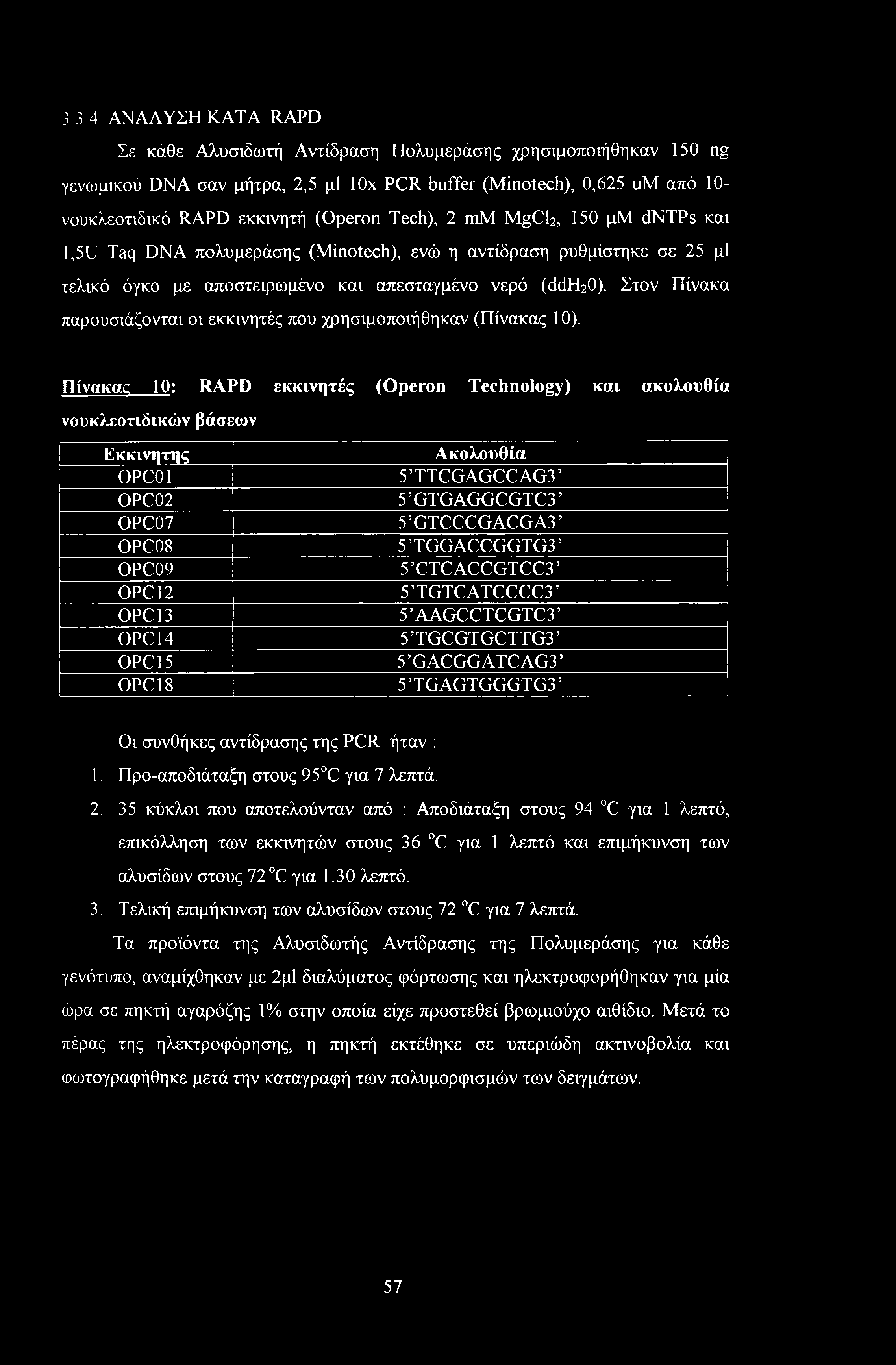 Στον Πίνακα παρουσιάζονται οι εκκινητές που χρησιμοποιήθηκαν (Πίνακας 10).