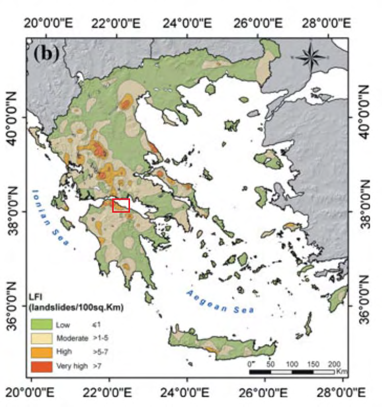 ΚΕΦΑΛΑΙΟ 3: ΣΤΟΙΧΕΙΑ ΚΑΤΟΛΙΣΘΗΣΗΣ Χάρτης 2: Χάρτης συχνότητας εμφάνισης κατολισθήσεων στον ελλαδικό χώρο (Sabatakakis et al. 2013). Η περιοχή μελέτης περικλείεται σε κόκκινο πλαίσιο.