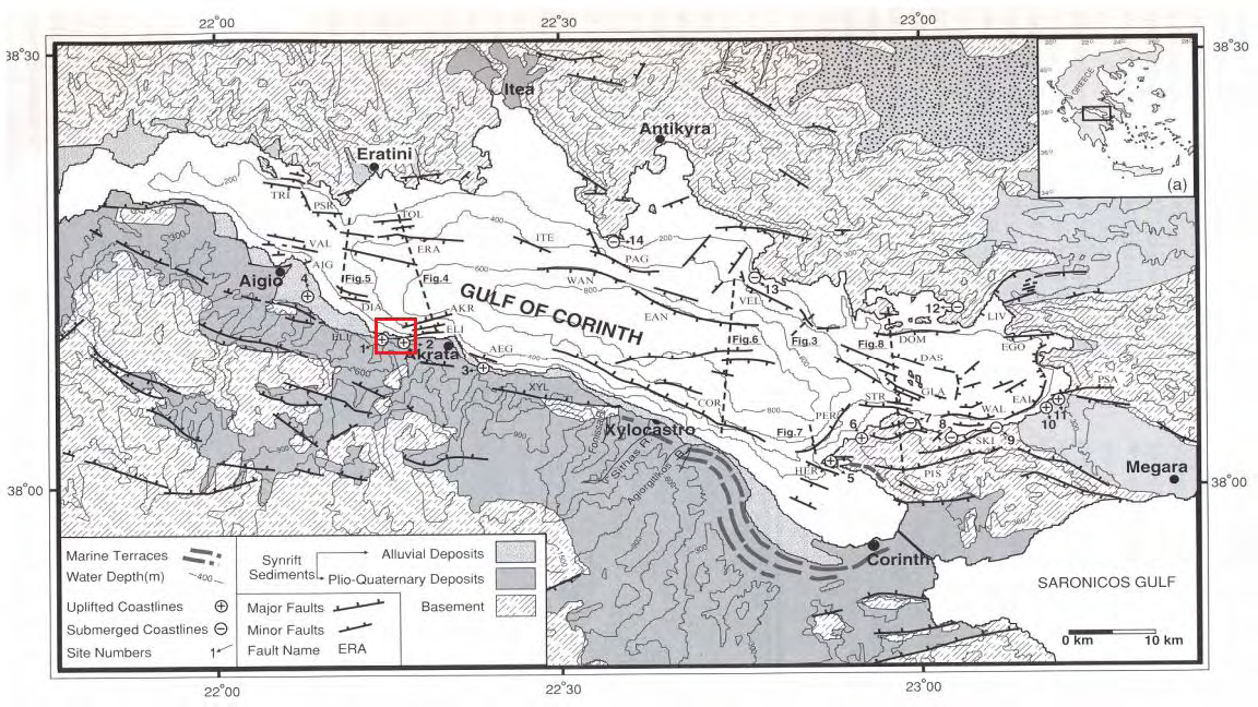 ΚΕΦΑΛΑΙΟ 4: ΓΕΩΛΟΓΙΚΕΣ ΚΑΙ ΤΕΧΝΙΚΟΓΕΩΛΟΓΙΚΕΣ ΣΥΝΘΗΚΕΣ ΠΕΡΙΟΧΗΣ Σχήμα 9: Γενικός τεκτονικός χάρτης του κορινθιακού κόλπου στον οποίο αποτυπώνονται τα ρήγματα που οριοθετούν την τάφρο.