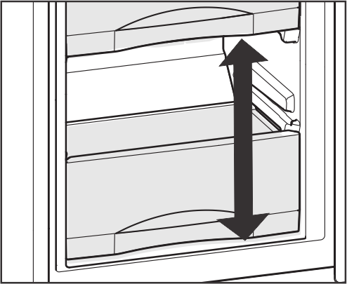 5.6 Ράφια Για να αφαιρέσετε ένα ράφι: ανασηκώστε το στο μπροστινό μέρος και τραβήξτε το προς τα έξω. Για να βάλετε το ράφι πίσω στη θέση του: απλά πιέστε προς τα μέσα μέχρι το τέρμα. 5.5.7 Λειτουργία VarioSpace Εκτός από το ότι μπορείτε να αφαιρέσετε τα συρτάρια, μπορείτε επίσης να αφαιρέσετε και τα ράφια, δημιουργώντας χώρο για μεγαλύτερου όγκου κατεψυγμένα τρόφιμα.