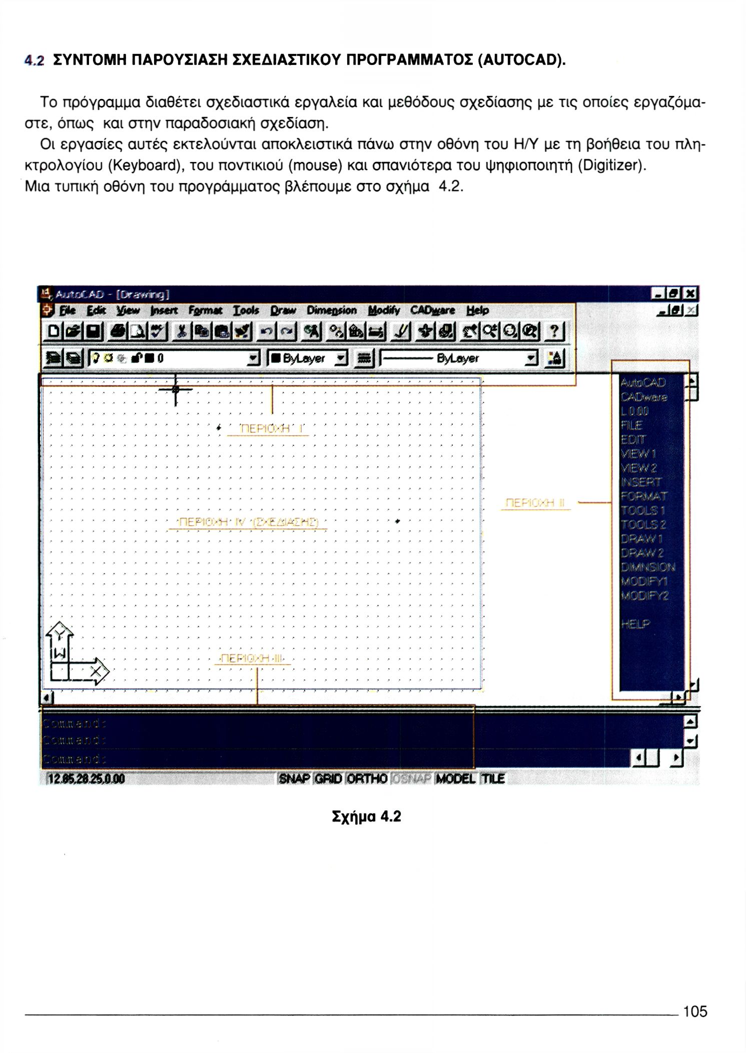 4.2 ΣΥΝΤΟΜΗ ΠΑΡΟΥΣΙΑΣΗ ΣΧΕΔΙΑΣΤΙΚΟΥ ΠΡΟΓΡΑΜΜΑΤΟΣ (AUTOCAD). Το πρόγραμμα διαθέτει σχεδιαστικά εργαλεία και μεθόδους σχεδίασης με τις οποίες εργαζόμαστε, όπως και στην παραδοσιακή σχεδίαση.