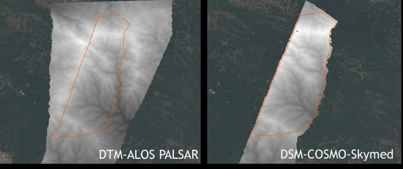 Τα παραγόμενα ψηφιακά υψομετρικά μοντέλα από τα δεδομένα ALOS PALSAR και COSMO-Skymed φαίνονται στη παρακάτω εικόνα.