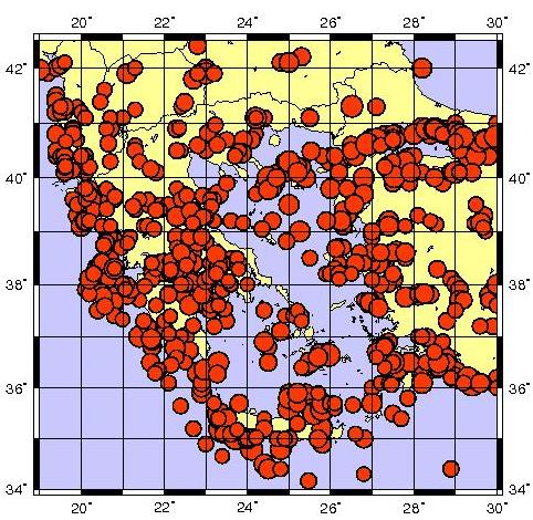Εικόνα 2.3: Χάρτης σεισμικότητας Μ>6 από -550π.Χ. μέχρ