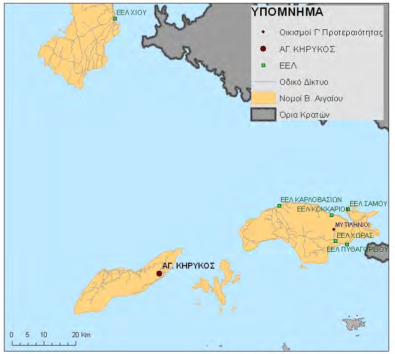 Χάρτης 4.1: Σχετική θέση Αγίου Κηρύκου με υφιστάμενες ΕΕΛ και άλλους οικισμούς Ο οικισμός Αγίου Κηρύκου βρίσκεται πλησίον αλλά εκτός των θεσμοθετημένων περιοχών NATURA 2000 (GR4120004) (Χάρτης 4.2).