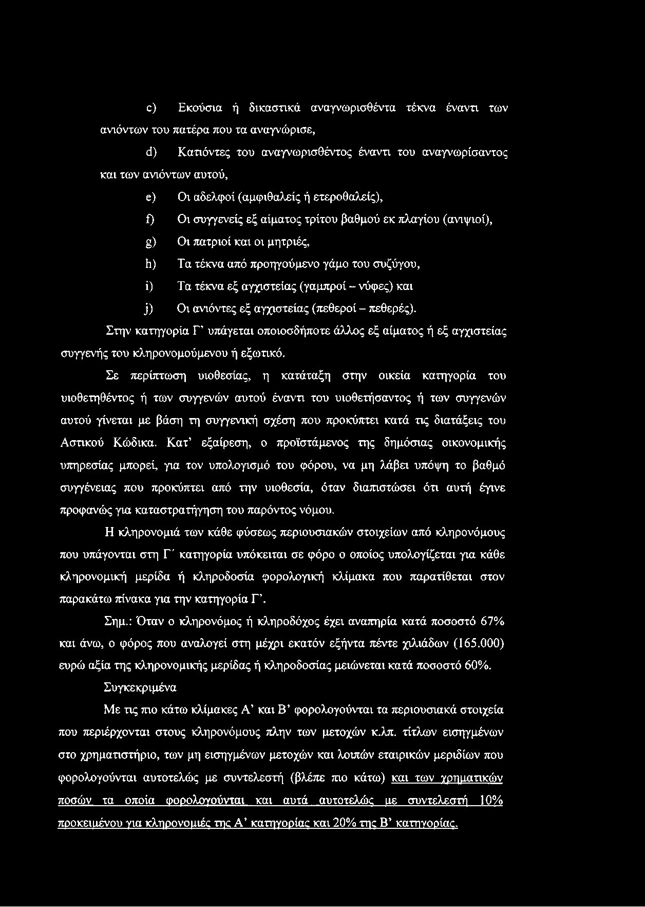 (γαμπροί - νύφες) και )) Οι ανιόντες εξ αγχιστείας (πεθεροί - πεθερές). Στην κατηγορία Τ υπάγεται οποιοσδήποτε άλλος εξ αίματος ή εξ αγχιστείας συγγενής του κληρονομούμενου ή εξωτικό.