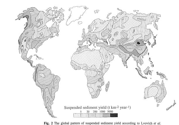 Εκτιμήσεις στερεομεταφοράς Εκτιμήσεις αιωρούμενου φορτίου στον κόσμο (t km -2 year -1 ) Πηγή: Wa