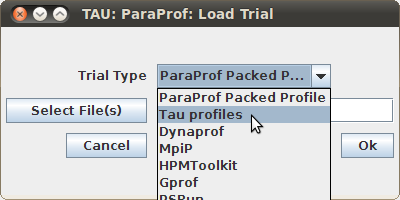 Στο παράθυρο διαλόγου TAU: ParaProf: Load Trial επιλέγουμε στο Trial Type το Tau profiles και πατούμε το Select File(s) για να εντοπίσουμε το