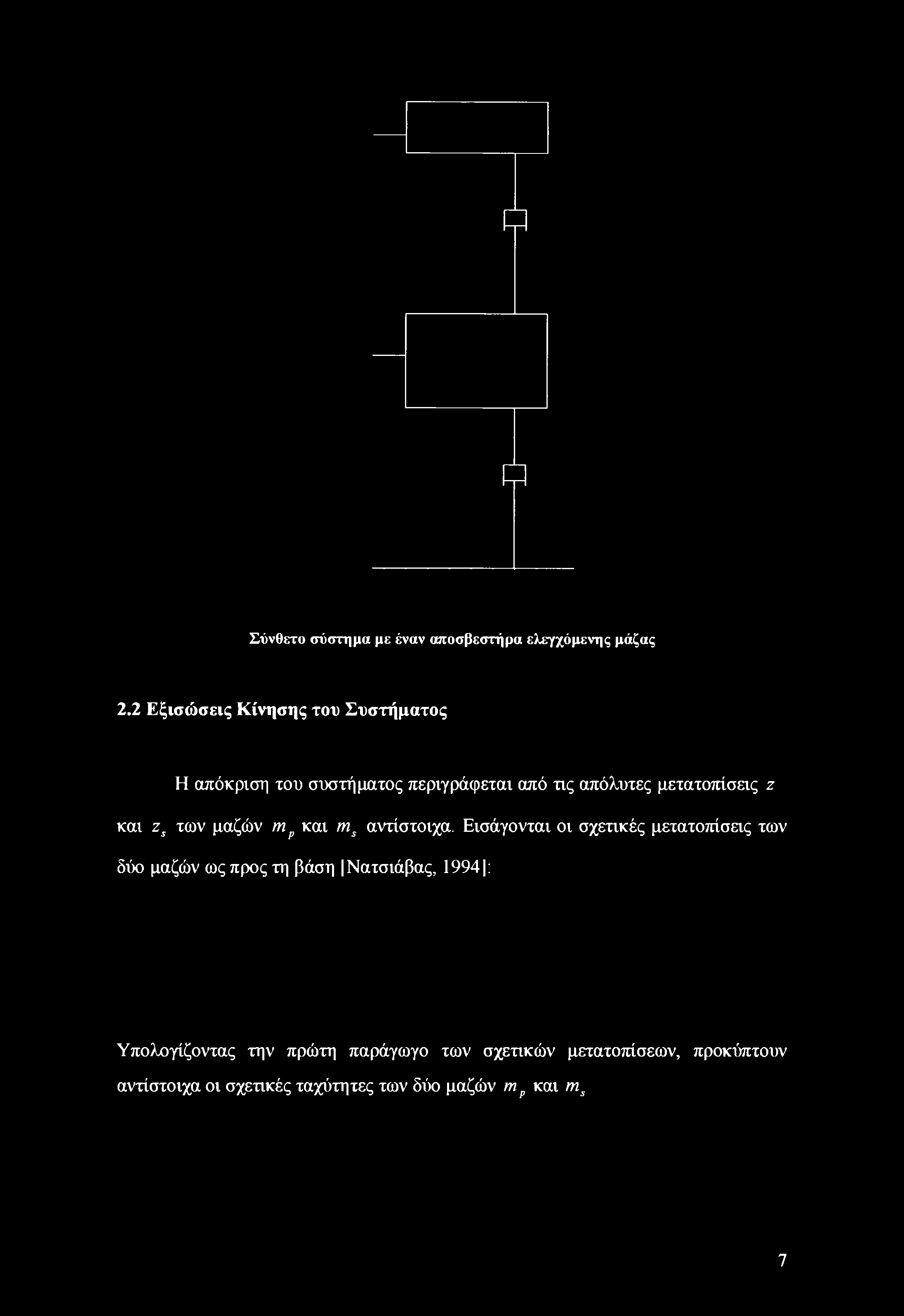 Σύνθετο σύστημα με έναν αποσβεστήμα ελεγχόμενης μάζας 2.2 Εξισώσεις Κίνησης του Συστήματος Η απόκριση του συστήματος περιγράφεται από τις απόλυτες μετατοπίσεις ζ και zs των μαζών mp και ms αντίστοιχα.