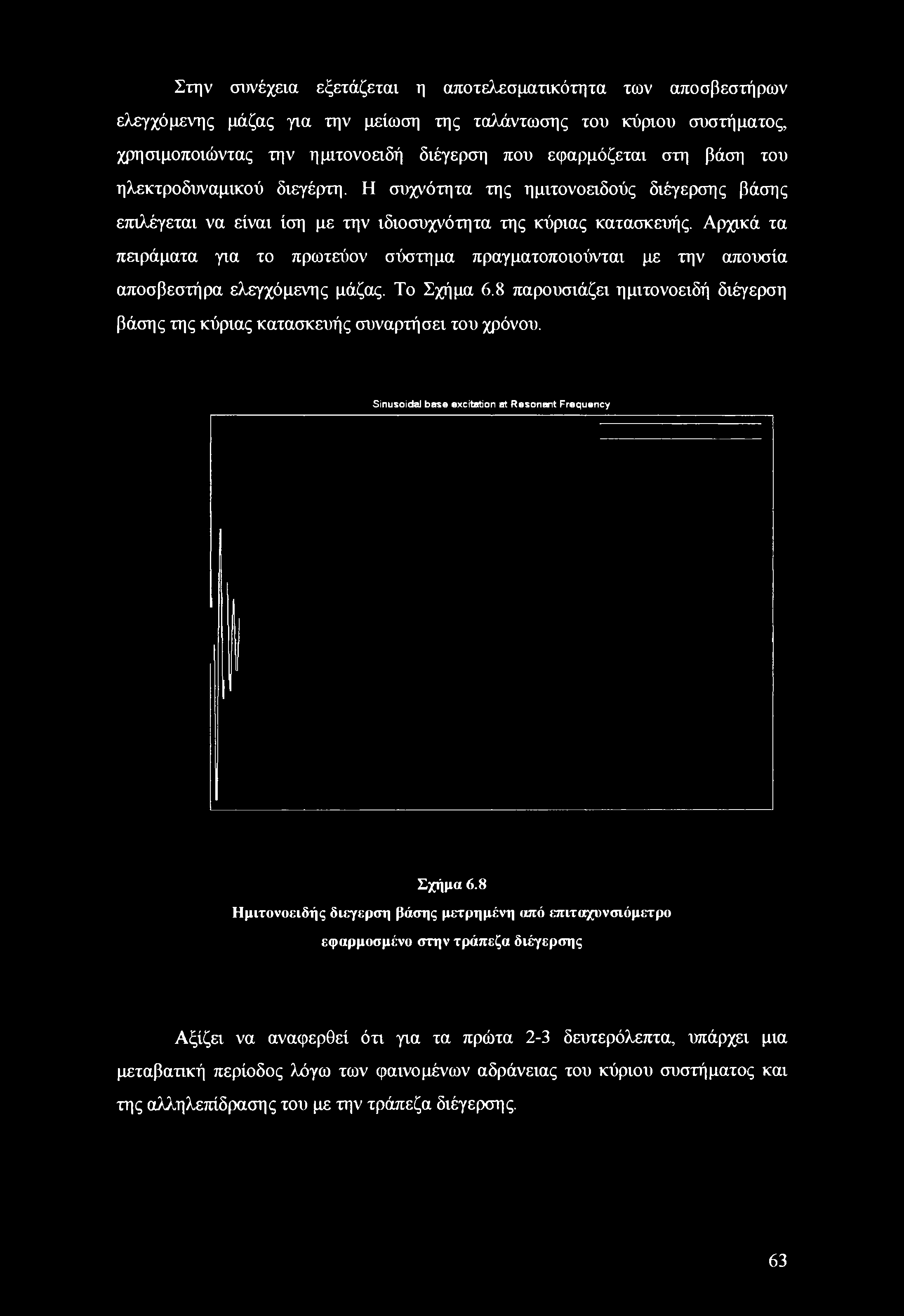 Στην συνέχεια εξετάζεται η αποτελεσματικότητα των αποσβεστήρων ελεγχόμενης μάζας για την μείωση της ταλάντωσης του κύριου συστήματος, χρησιμοποιώντας την ημιτονοειδή διέγερση που εφαρμόζεται στη βάση