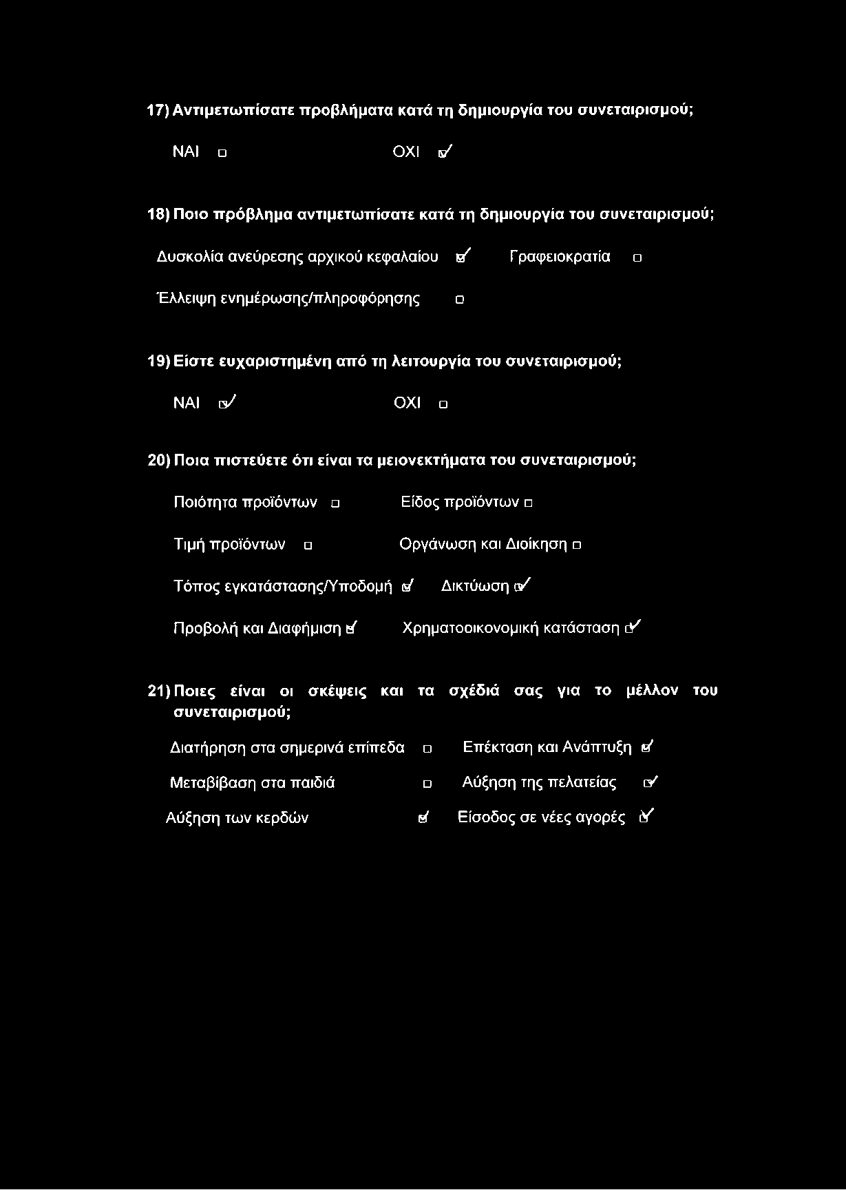 17) Αντιμετωπίσατε προβλήματα κατά τη δημιουργία του συνεταιρισμού; ΝΑΙ ΟΧΙ β/ 18) Ποιο πρόβλημα αντιμετωπίσατε κατά τη δημιουργία του συνεταιρισμού; Δυσκολία ανεύρεσης αρχικού κεφαλαίου θ'