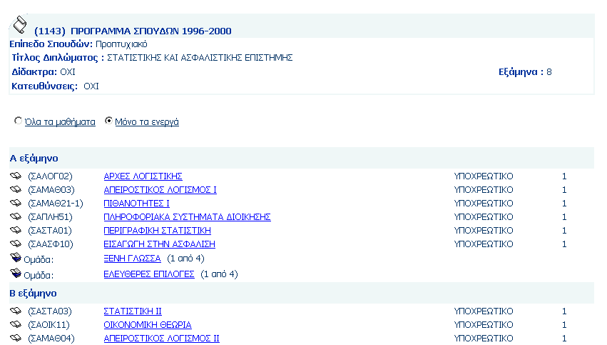 6.4.3 Προγράµµατα Σπουδών Επιλέγοντας Πρόγραµµα Σπουδών από το µενού περιήγησης βλέπετε την προβολή όλων των προγραµµάτων σπουδών (σε λίστα συνοπτικά) ταξινοµηµένα ανά τµήµα, και διαχωρισµένα σε