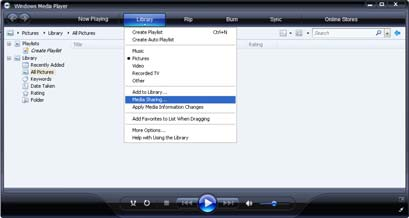 Windows Media Player v11 σε Windows XP Ρύθμιση για κοινή χρήση δικτύου 1 Στο Windows Media Player επιλέξτε Library (Βιβλιοθήκη) από το μενού και, έπειτα, επιλέξτε Media sharing (Κοινή χρήση