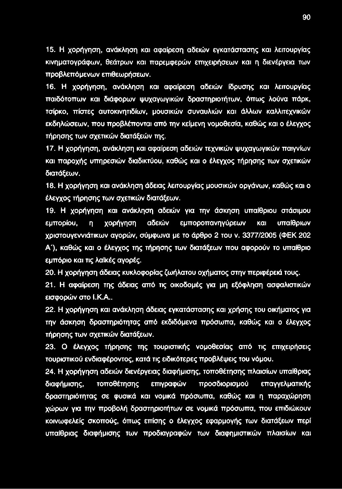 καλλιτεχνικών εκδηλώσεων, που προβλέπονται από την κείμενη νομοθεσία, καθώς και ο έλεγχος τήρησης των σχετικών διατάξεών της. 17.