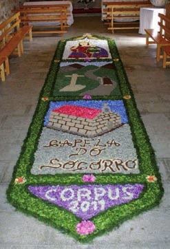 Tamén en San Fins de Celeiros confeccionaron unha alfombra na portada da igrexa parroquial con motivos xeométricos volutados, con disposición xeminada xustaposta, ao mesmo tempo,