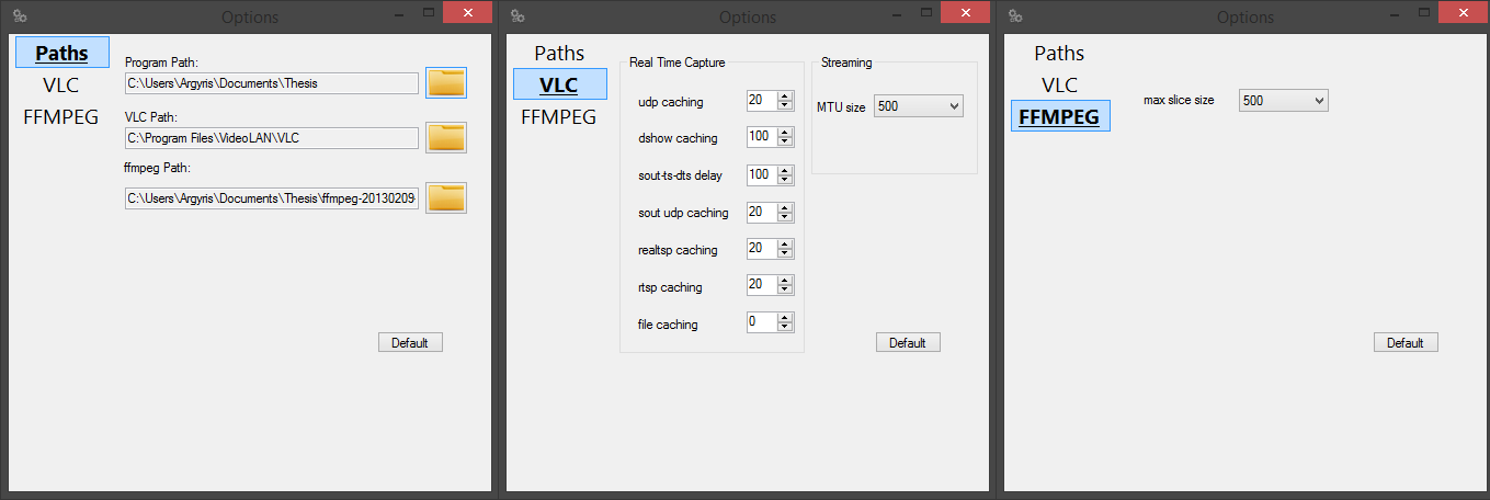Στην πρώτη κατηγορία είναι τα προκαθορισμένα paths του προγράμματος, του VLC και της βιβλιοθήκης ffmpeg.