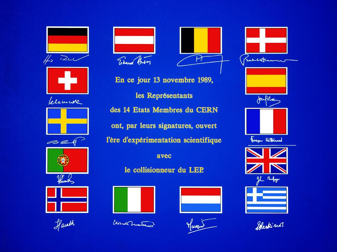 Τελετή έναρξης του LEP The signatures of the dignitaries who represented CERN's Member States on the occasion of the Inauguration of LEP on 13 November 1989.