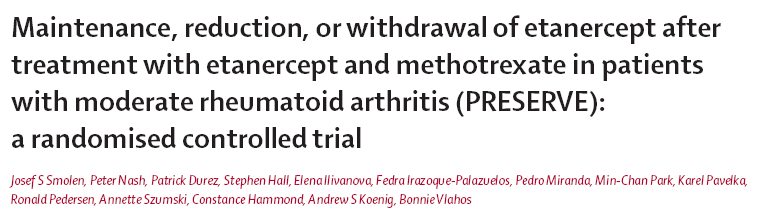 82% Population: Moderate RA DAS28 >3 2 and 5 1 ETA 50mg/wk+ MTX 36 wks (9m) ETA 25mg/wk+