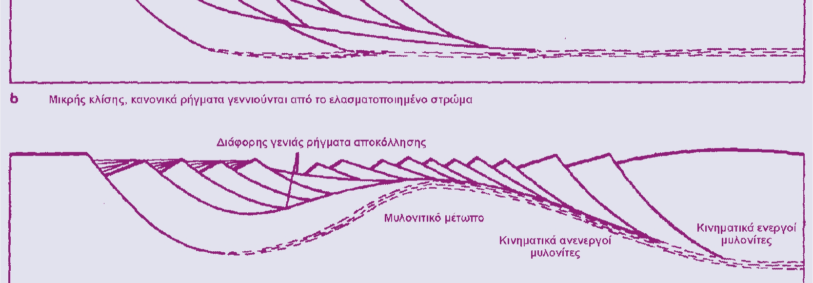 Η λέπτυνση του ανώτερου φλοιού δηµιουργεί ισοστατική ανύψωση του πρώιµου ρήγµατος αποκόλλησης (c) και το κάτω τέµαχος αυτού εµφανίζεται στην επιφάνεια ως σύµπλεγµα µεταµορφικού πυρήνα (d).