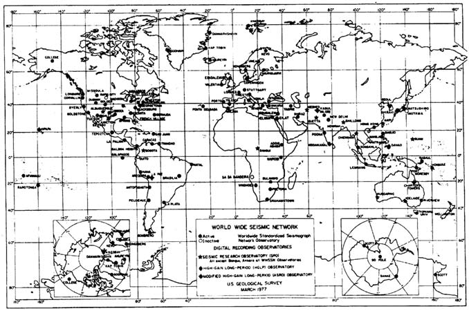 Σχήµα 41: Παγκόσµιος χάρτης στον οποίο φαίνονται οι θέσεις των σεισµογράφων του WWSSN (Τσελέντης, 1997).