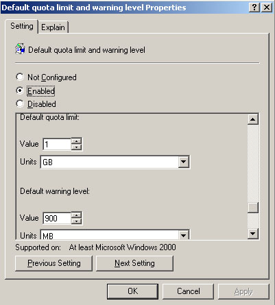 Εικόνα 37. Default Quota limit and warnig level Εδώ φαίνεται ότι το όριο έχει ορισθεί στο 1GB, ενώ η προειδοποίηση γίνεται στα 900 ΜΒ.