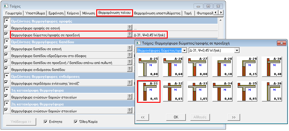 82 Τέκτων 10 modules Εικόνα 5.16 Η καρτέλα «Θερμομόνωση τοίχου» της οντότητας «Τοίχος» και το παράθυρο επιλογής τύπου θερμογέφυρας.